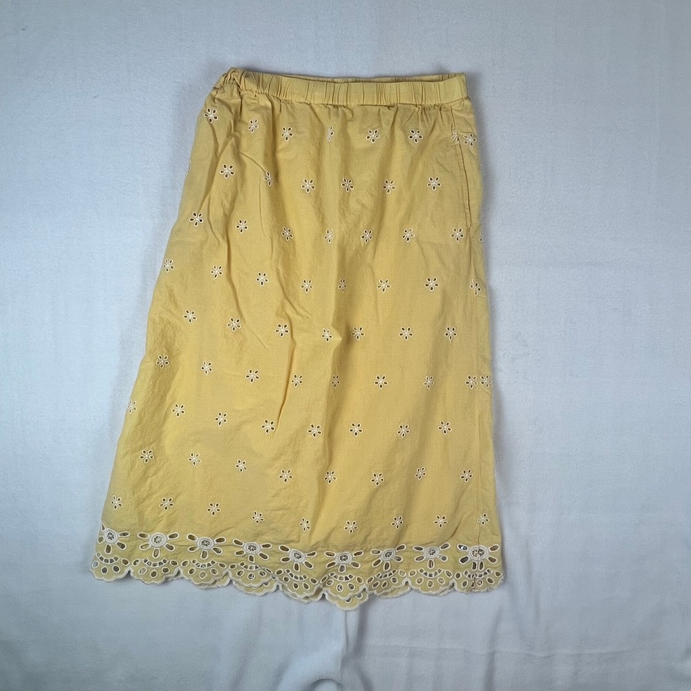 Old Navy Yellow Eyelet Midi Skirt Scalloped Hem Elastic Waist Pockets Medium